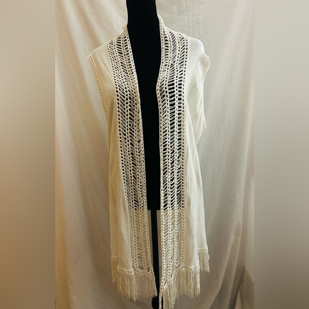 Cream Crochet Open Front Cardigan